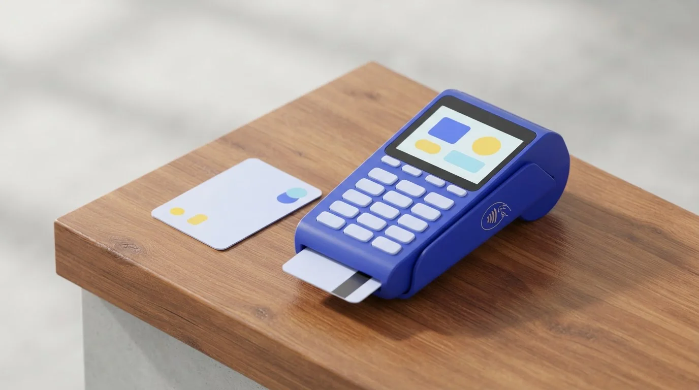 Bankkarte und digitale Zahlungsoberfläche auf einem neutralen Schreibtisch
