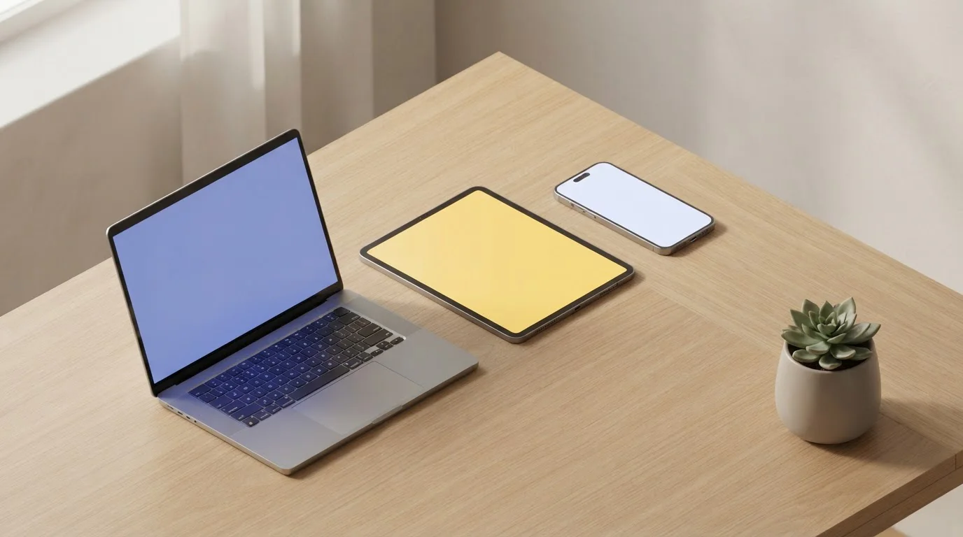 Laptop und Smartphone mit übersichtlicher Sportanwendung auf hellem Schreibtisch